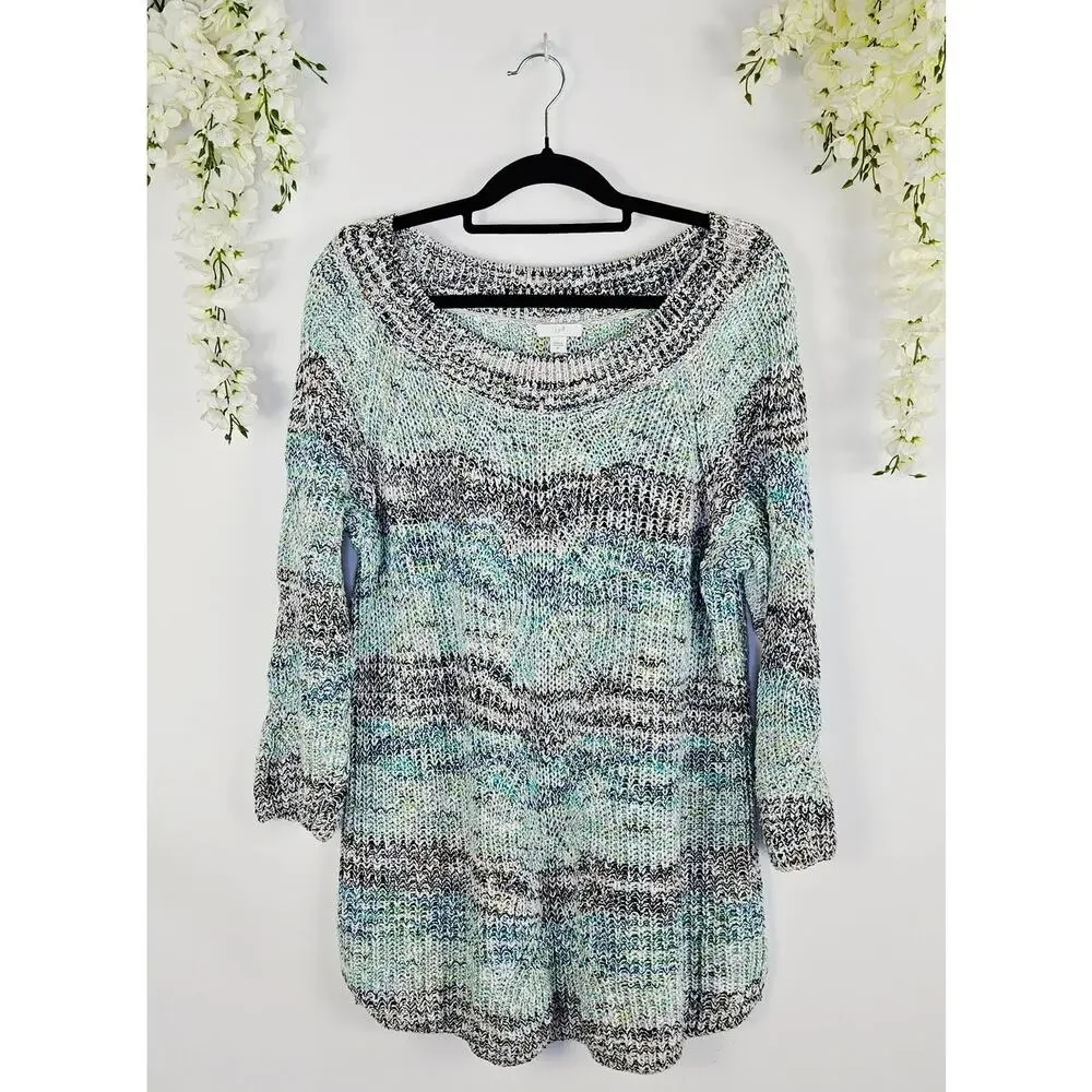 J Jill Marled Open Knit Tunic Sweater Size XL Cotton Blue Green Boho Winter Cozy